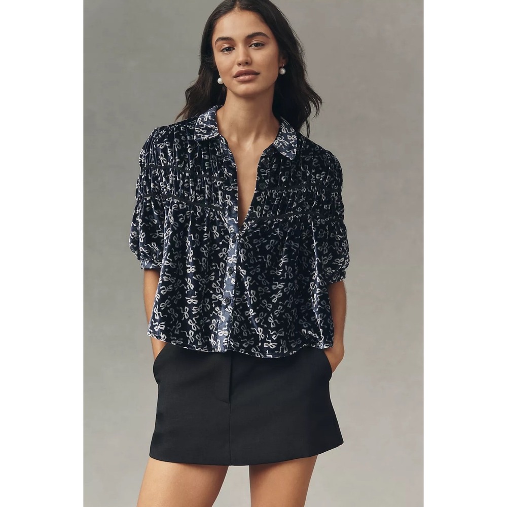 Anthropologie Maeve Leandra Navy Velvet Shirred Yoke Blouse XXS Bow Coquette NWT